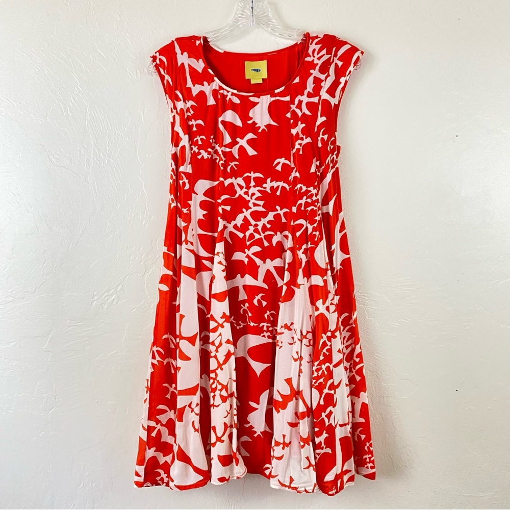 Anthropologie Maeve Size XS Coral Orange & White Scoop Neck Midi Swing Dress